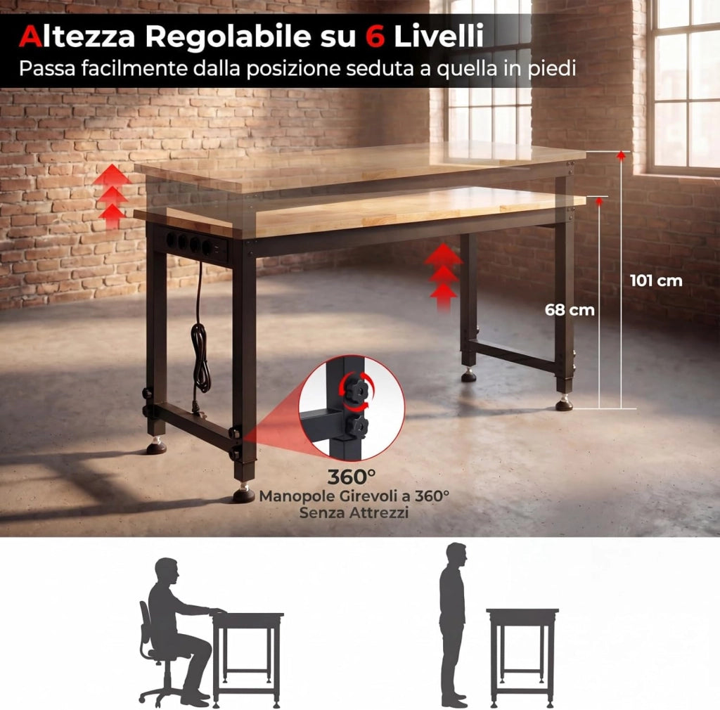 Banco da Lavoro Officina 122 x 51 cm, Tavolo da Lavoro Regolabile in Altezza con Stazione di Ricarica e Pannello Forato, Banco da Saldatura in Metallo per Garage e Magazzino, Portata 900 kg