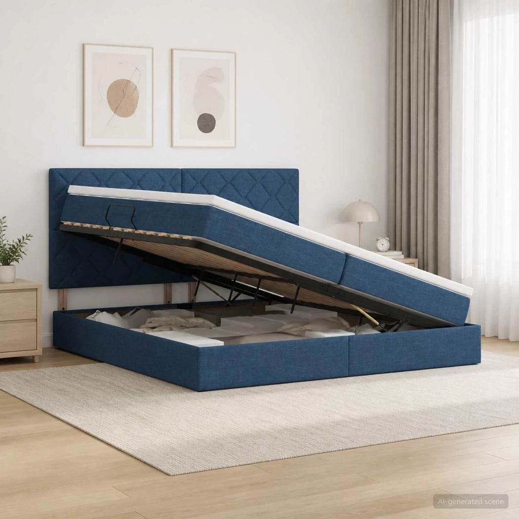 Letto con contenitore e materasso Blu 200 x 200 cm Tessuto 3459593