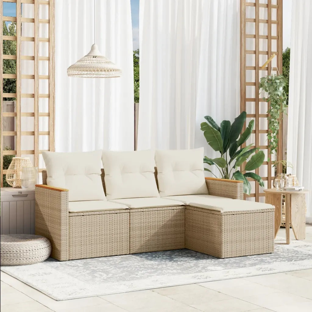 Set Divano da Giardino 4 pz con Cuscini Beige in Polyrattan