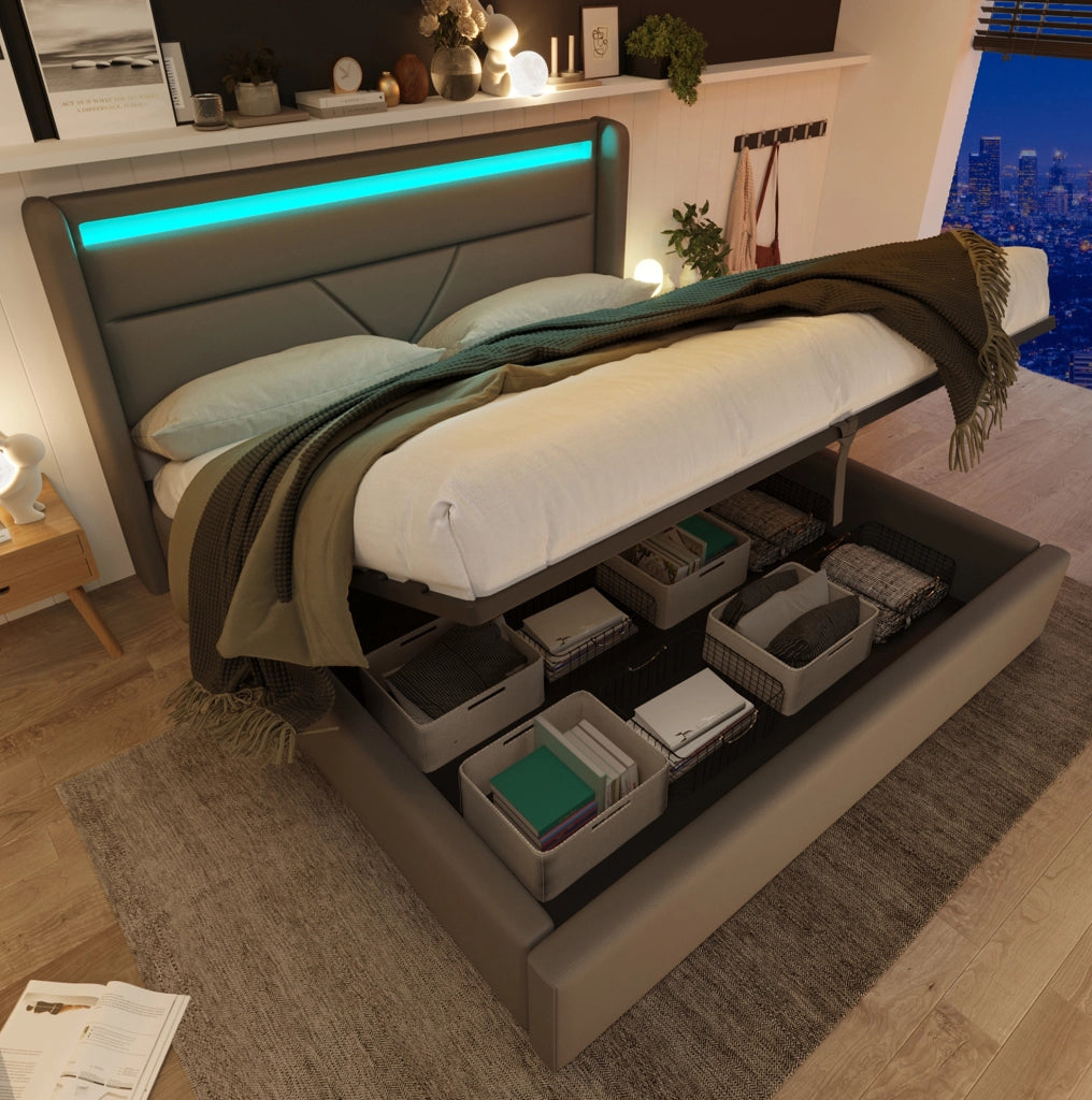 Letto matrimoniale imbottito 160x200 cm con contenitore; LED e rete sollevabile; grigio