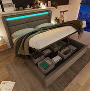 Letto matrimoniale imbottito 160x200 cm con contenitore; LED e rete sollevabile; grigio