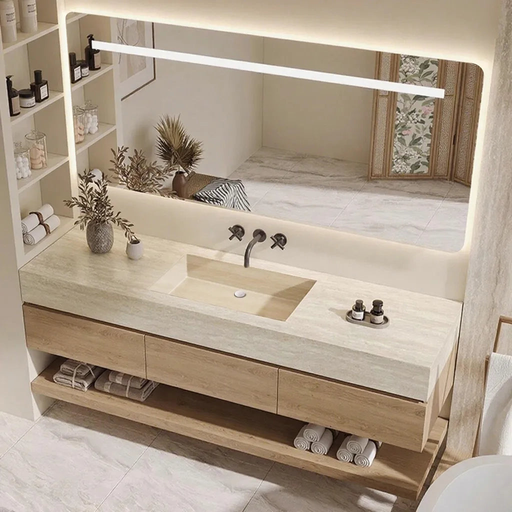 Set mobile bagno sospeso effetto travertino con lavabo in pietra sinterizzata e specchio senza foro rubinetto 130×55 cm