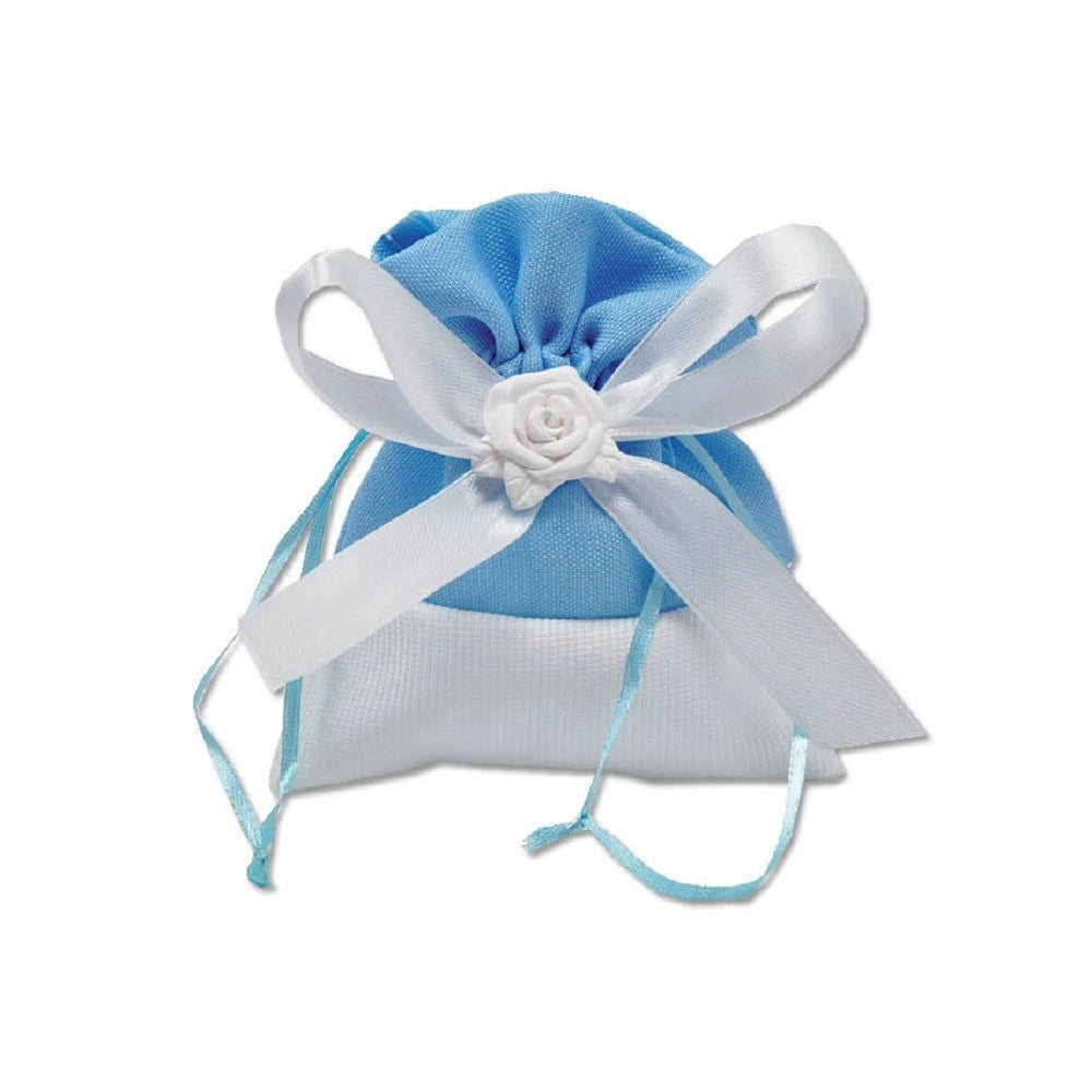 Trade Shop - 12 Sacchetti Stoffa Porta Confetti Rosa Bianca Matrimonio Battesimo Bomboniera - Celeste
