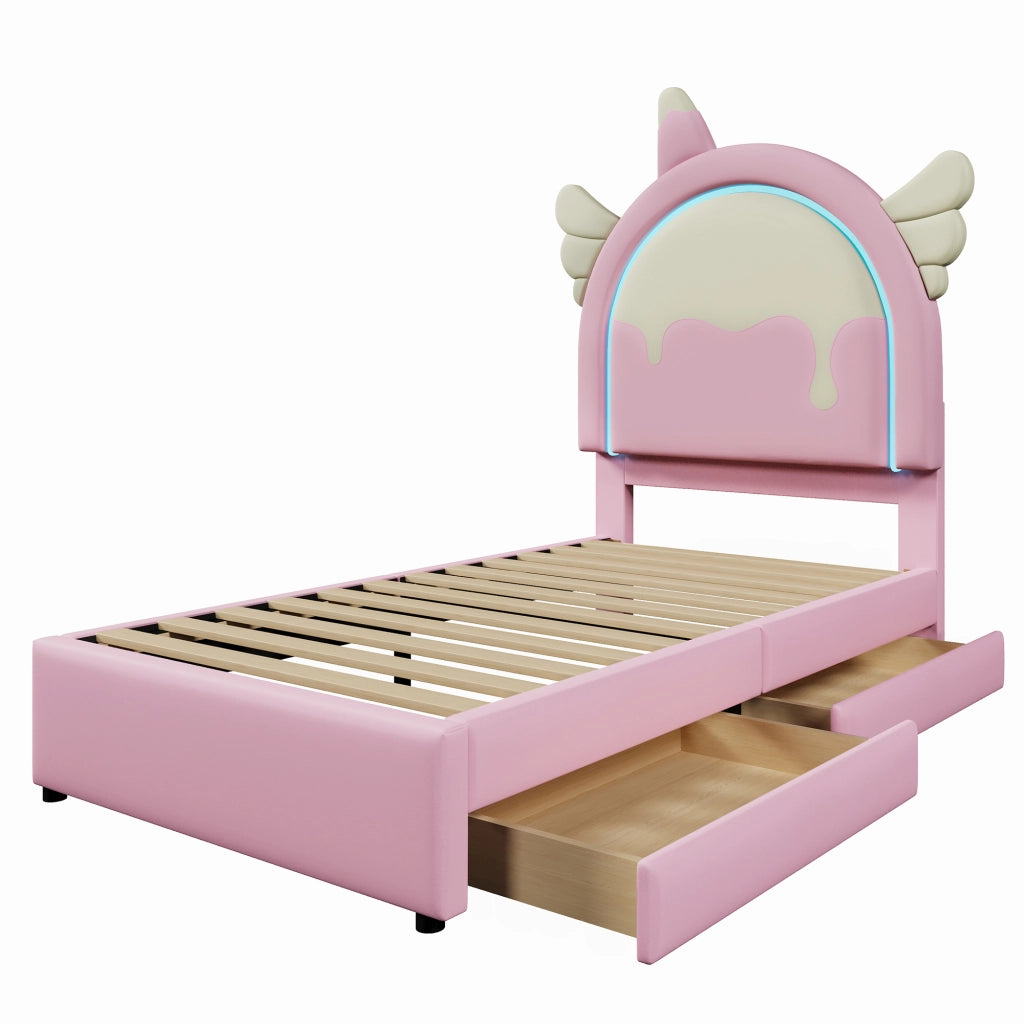 Letto singolo Unicorn 90x200cm con striscia luminosa e 2 cassetti in PU rosa
