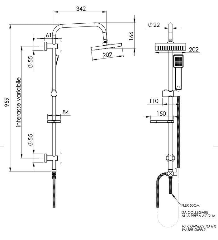 Colonna doccia completa, squadrata