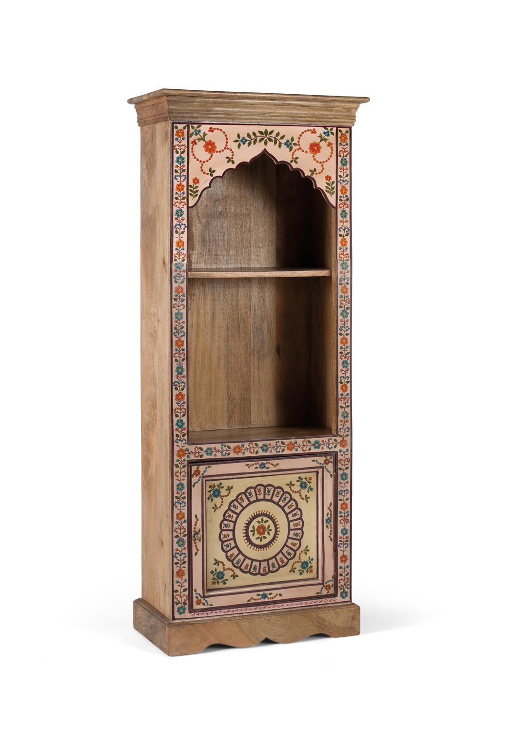 Libreria in legno di mango con dettagli floreali dipinti a mano