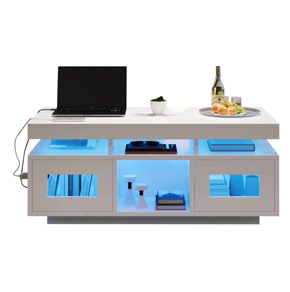 Tavolino da caffè 100x50x43 cm bianco lucido con LED; presa EU; USB e contenitore