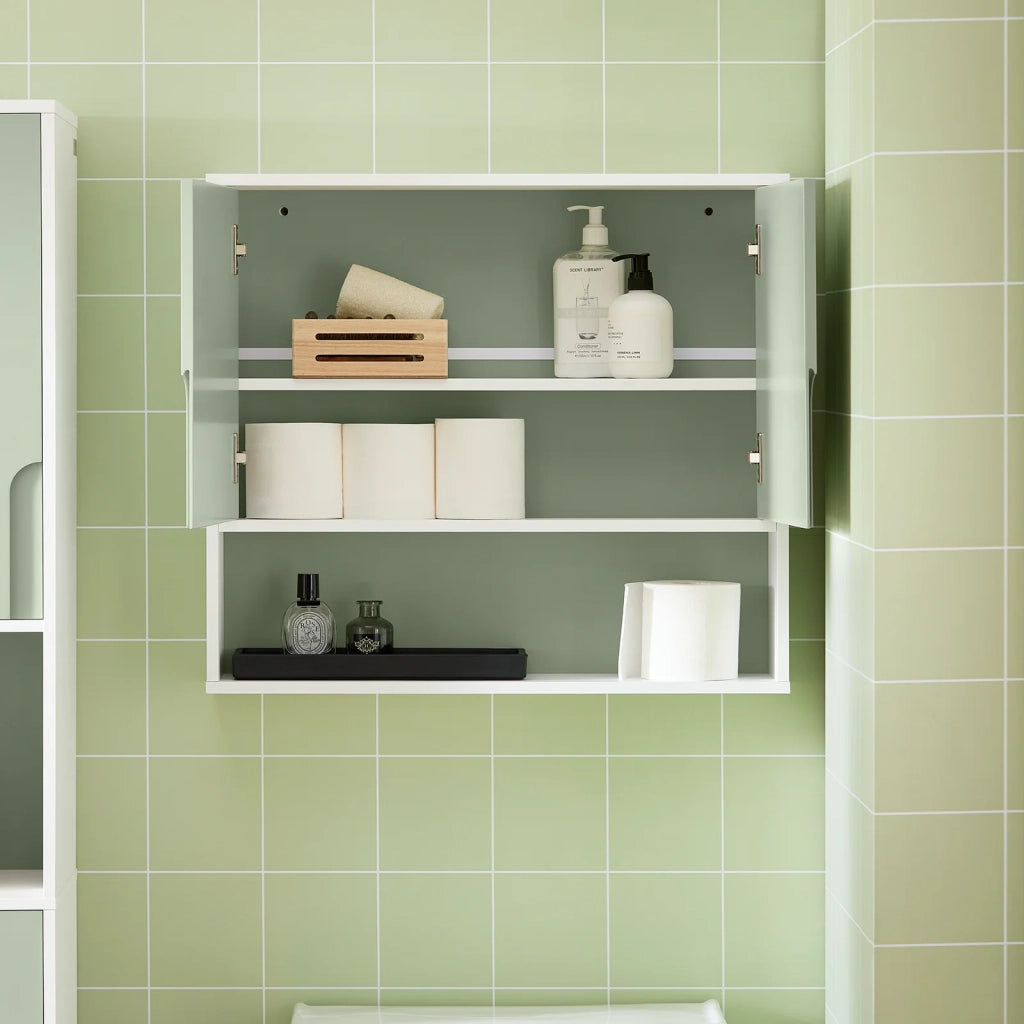 Mobiletto Bagno Da Parete Pensile Bagno Pensile Cucina Con 3 Ripiani E 2 Ante Verde 60x15x54cm BZR140-GR