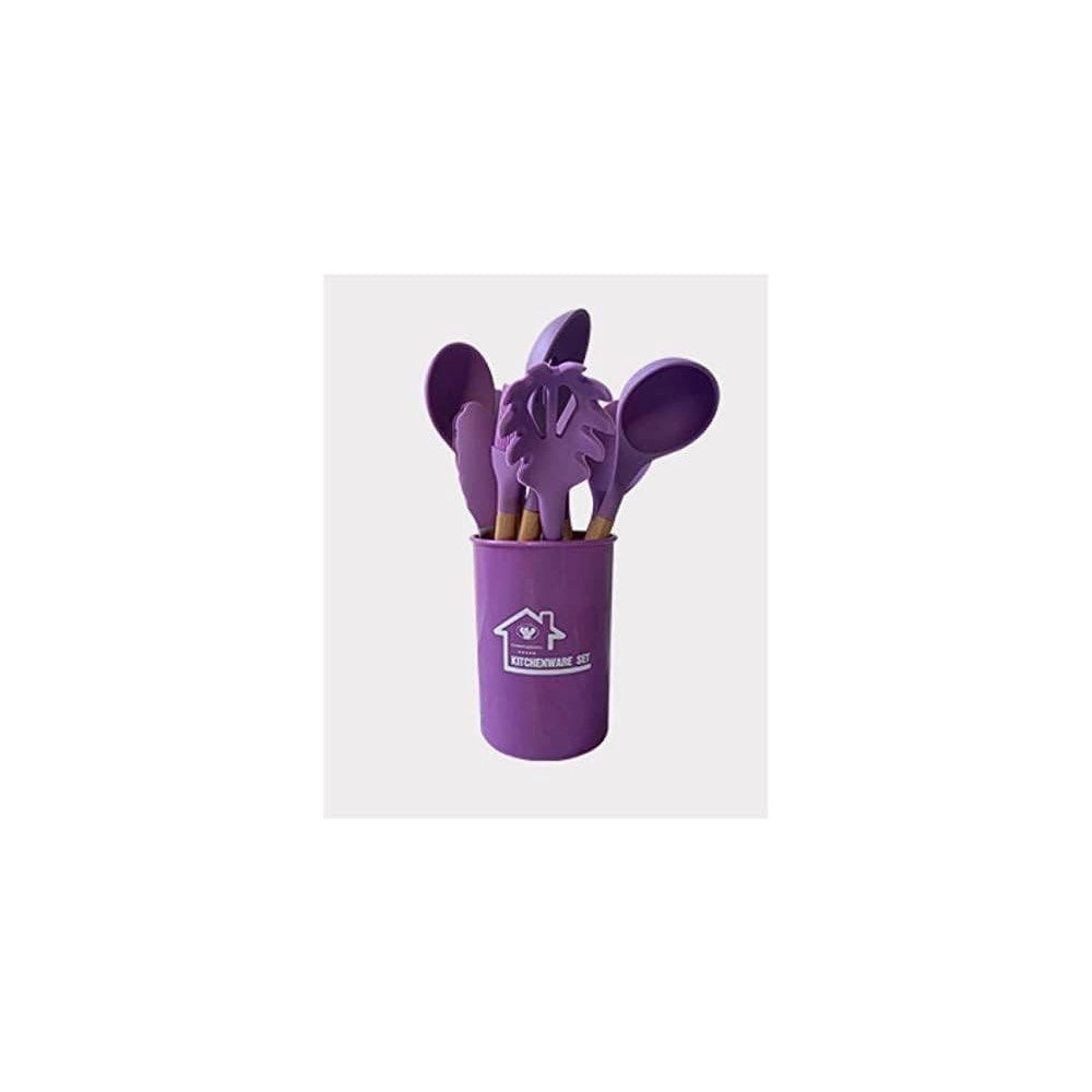 Trade Shop - Set 12 Utensili Da Cucina In Silicone Con Manico Legno Antiaderenti Resistenti -