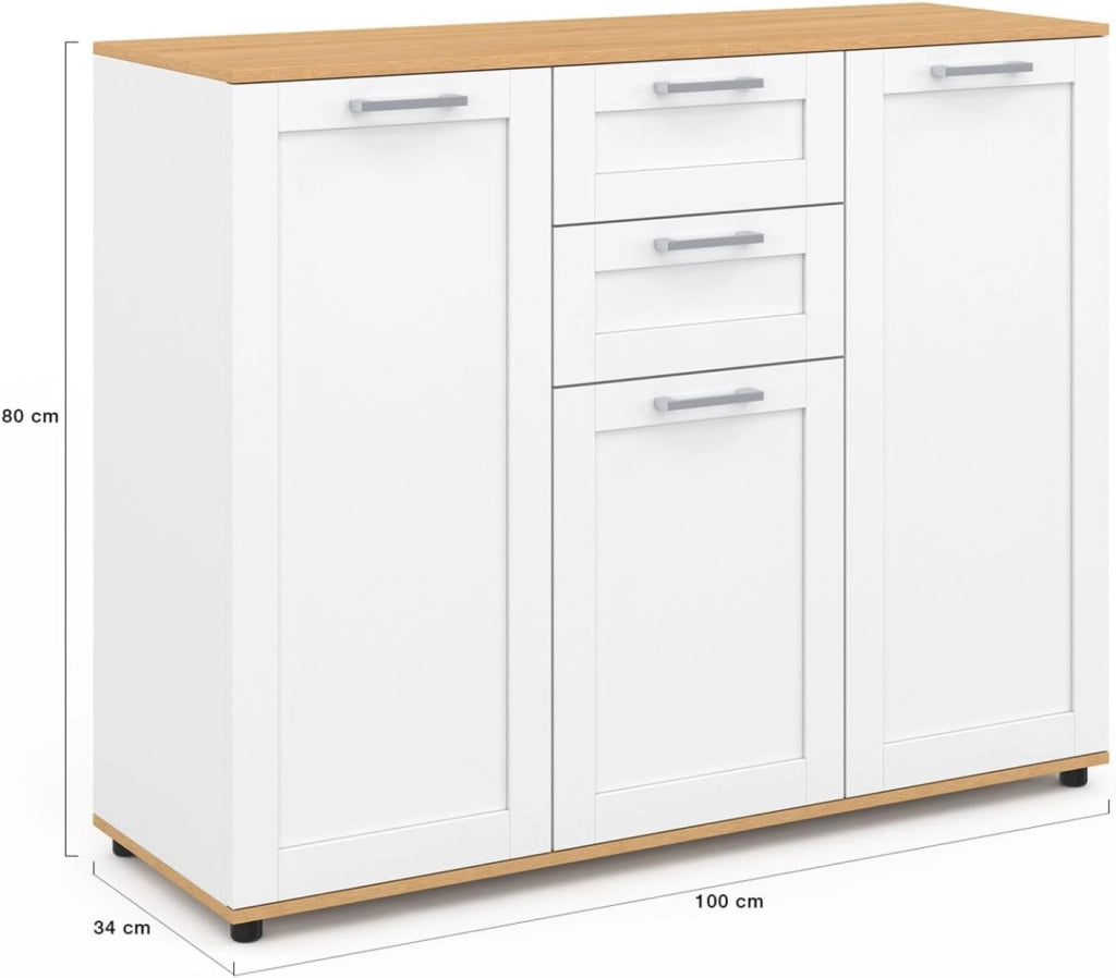 Credenza VITO 100 cm con 3 ante e 2 cassetti bianchi e piano in legno