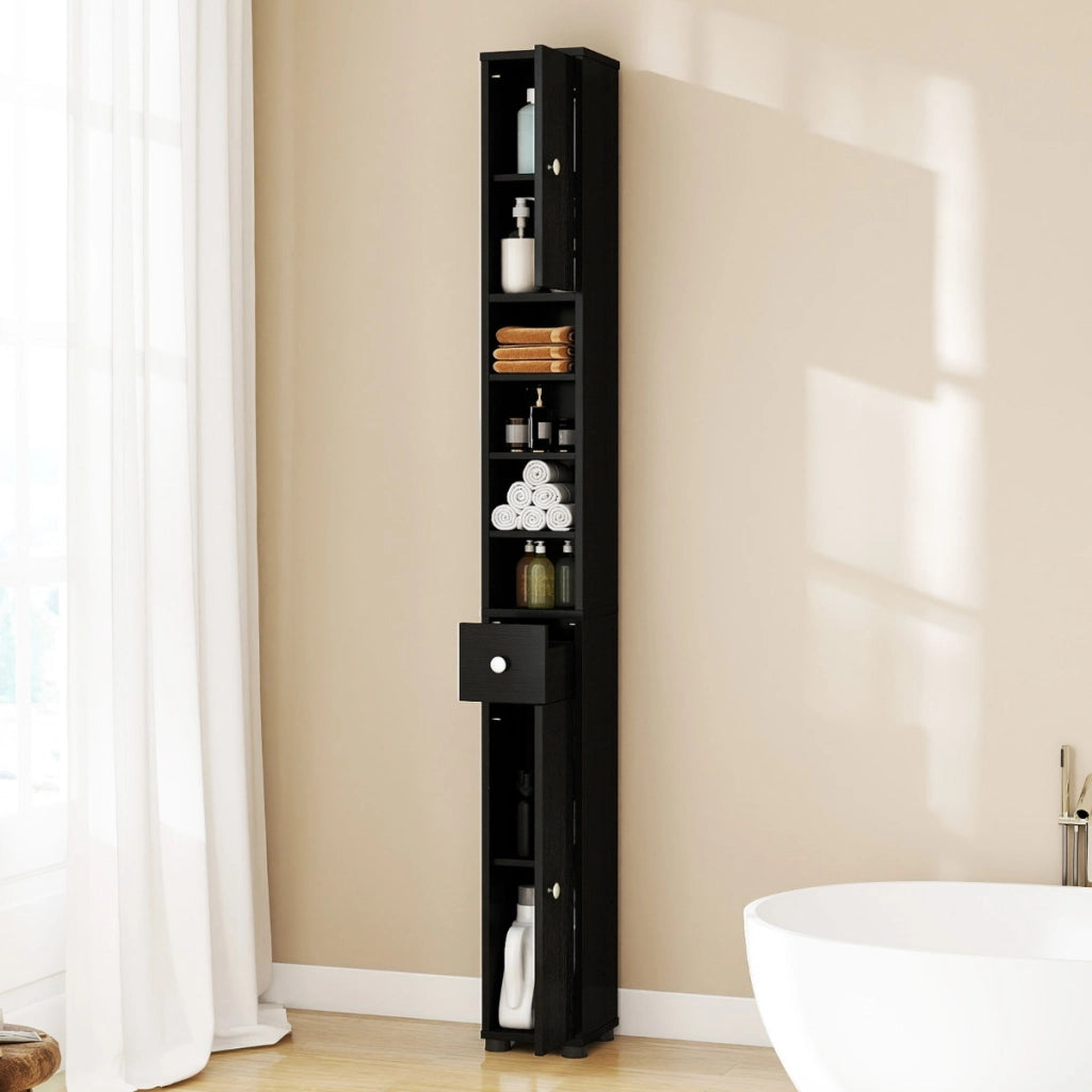 Armadio da bagno alto-Mobiletto da bagno slim con 1 cassetto di stoccaggio, Armadio da bagno 5 ripiani regolabili struttura antiscivolo Nero