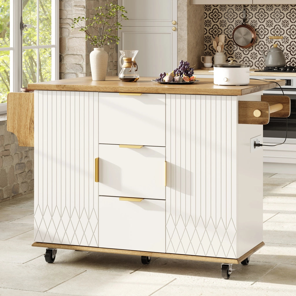 Mobile contenitore da cucina con 3 cassetti; 2 ante e presa USB; ruote - bianco
