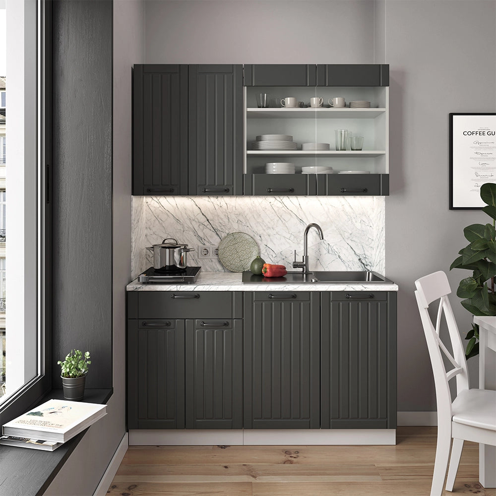Cucina completa Fame-Line Antracite rustico/Bianco 140 cm, PL Marmo Vicco