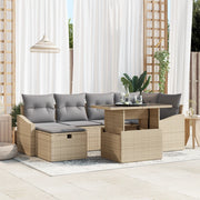 Set di divani da giardino 7 pezzi con cuscini in polyrattan beige