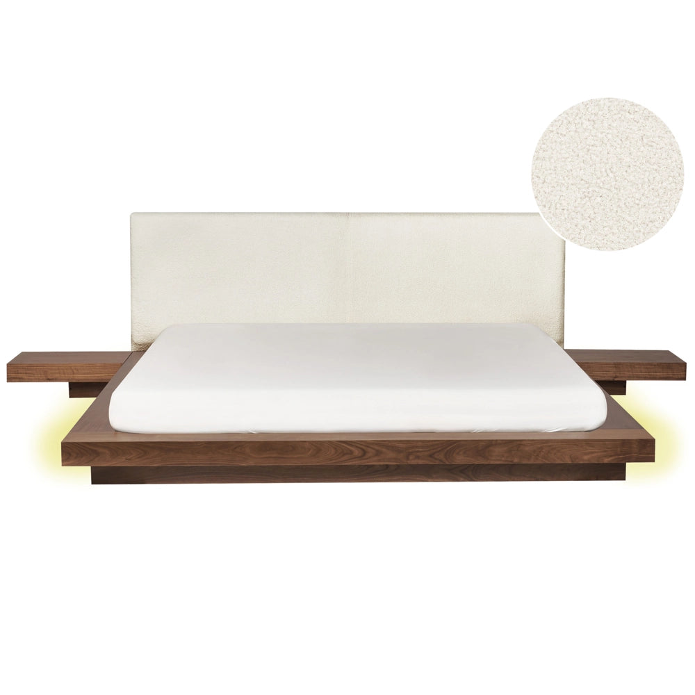 Letto LED in stile giapponese in frassino marrone 180 x 200 cm testata impiallacciata in legno bouclé a basso profilo camera da letto