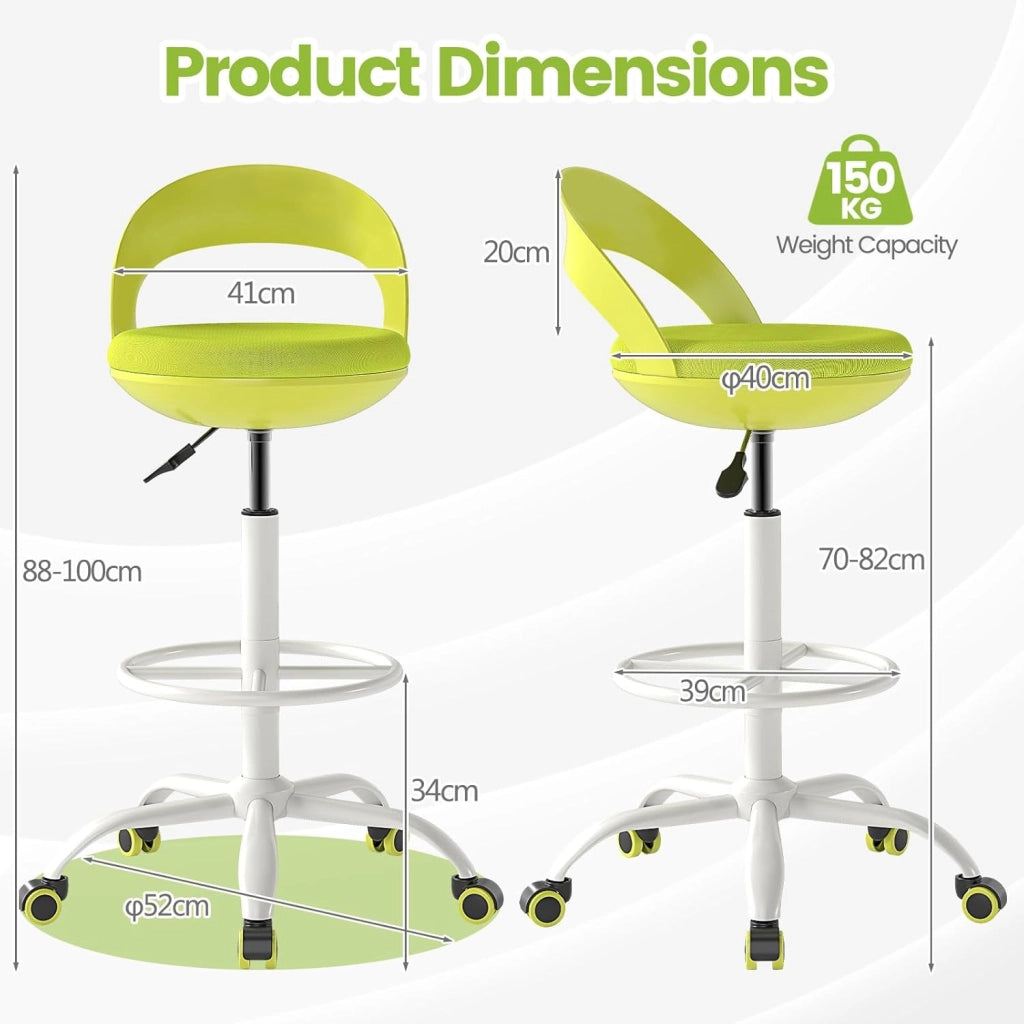 Sedia da ufficio con 5 ruote, altezza regolabile da 70 a 82 cm, sgabello da lavoro con schienale basso, poggiapiedi rotondo, senza braccioli, sgabello ergonomico per ufficio, studio, verde