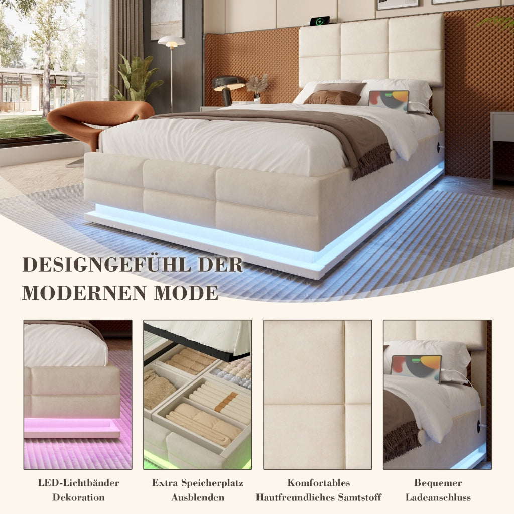 LETTO 90x200 cm in velluto beige con testiera regolabile e LED, senza materasso