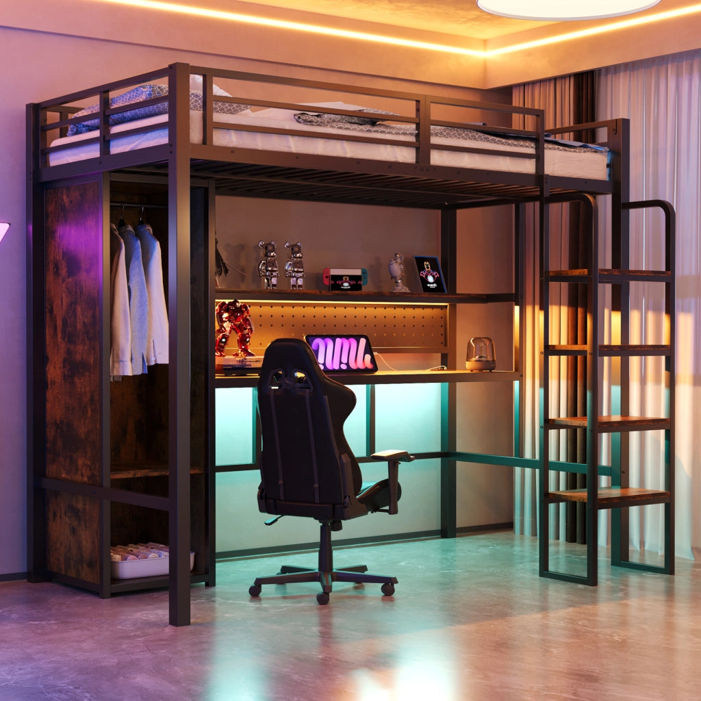 Letto a soppalco singolo 90×200 cm con scrivania; armadio; LED e ripiani; senza materasso; nero