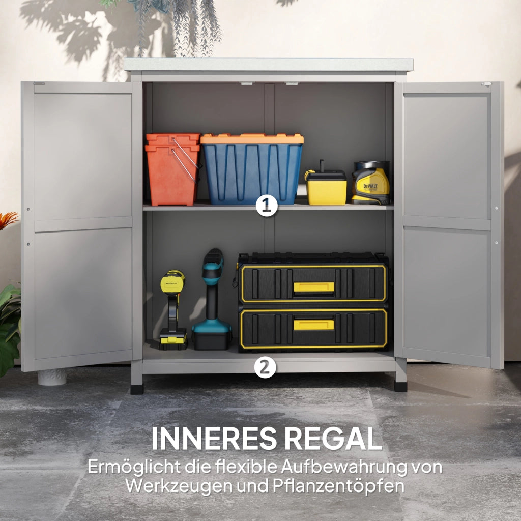OKWISH Armadio da Giardino con Piano di Lavoro, Doppia Anta e Ripiano, per Uso Esterno, Legno, Grigio, 79 × 43 × 92 cm
