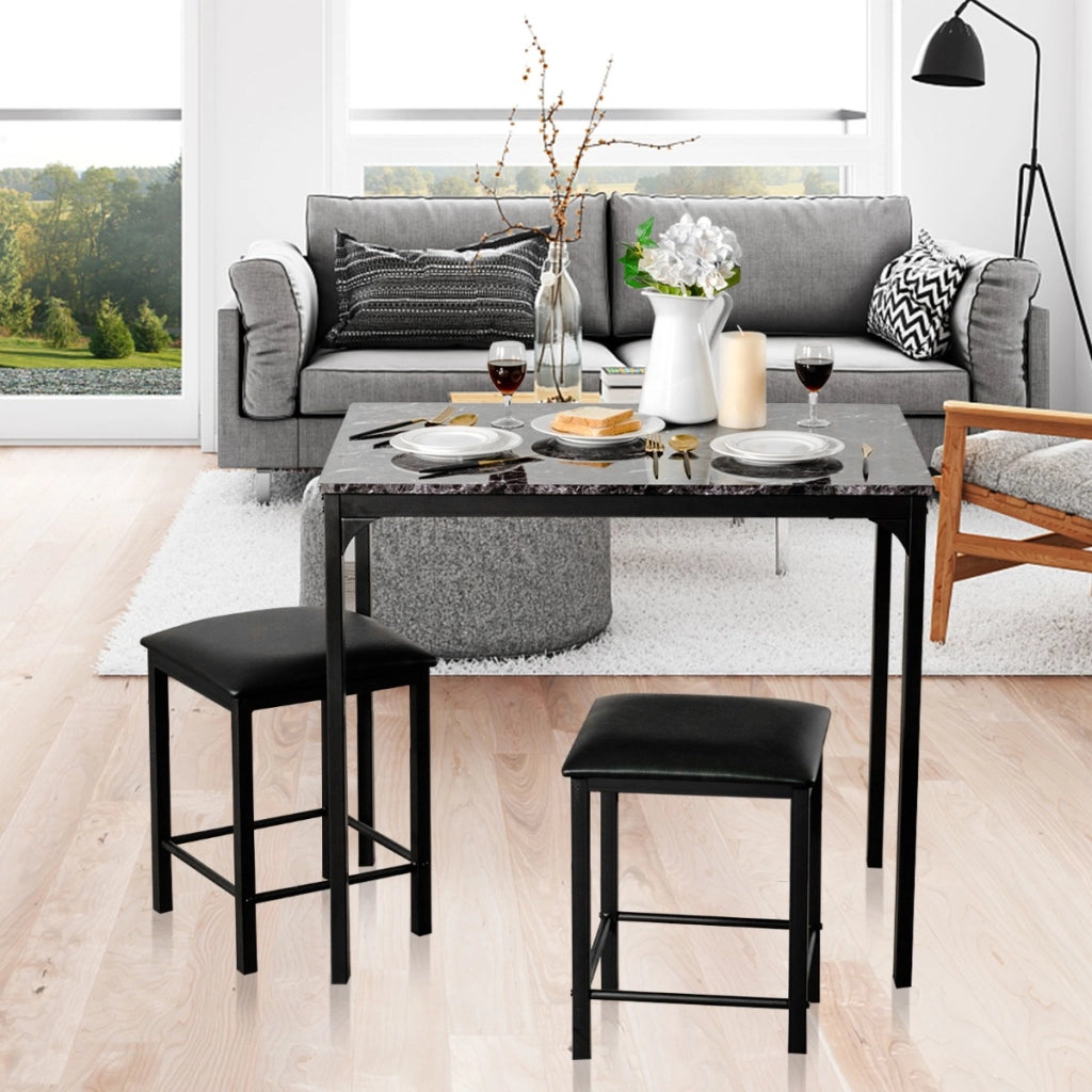 Set tavolo con 2 sgabelli senza schienale in similpelle, Set di mobili da 3 pezzi per sala da pranzo Nero-Tavoli e sedie da pranzo