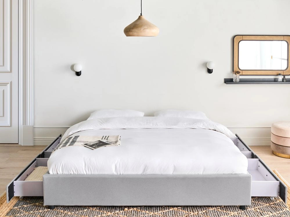 Letto matrimoniale in Tessuto grigio chiaro con Cassetti 180 x 200 cm Design tradizionale