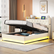 LETTO imbottito LED 140x200 cm beige con USB e vano contenitore idraulico