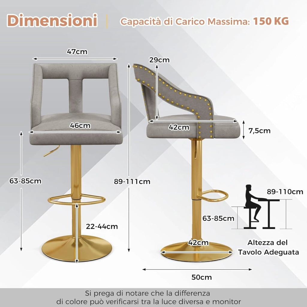 Set 2 Sgabelli da Bar in Velluto, Sedie Girevole e Regolabile con Poggiapiedi, Schienali in Forma a T, Braccioli, Base in Metallo Elettroplaccata per Cucina ad Isola e Sala da Pranzo (Grigio)