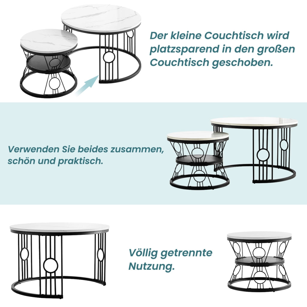 TAVOLINO DA CAFFÈ Set 2 Pezzi 70x70x45 cm MDF Bianco con Struttura Nera