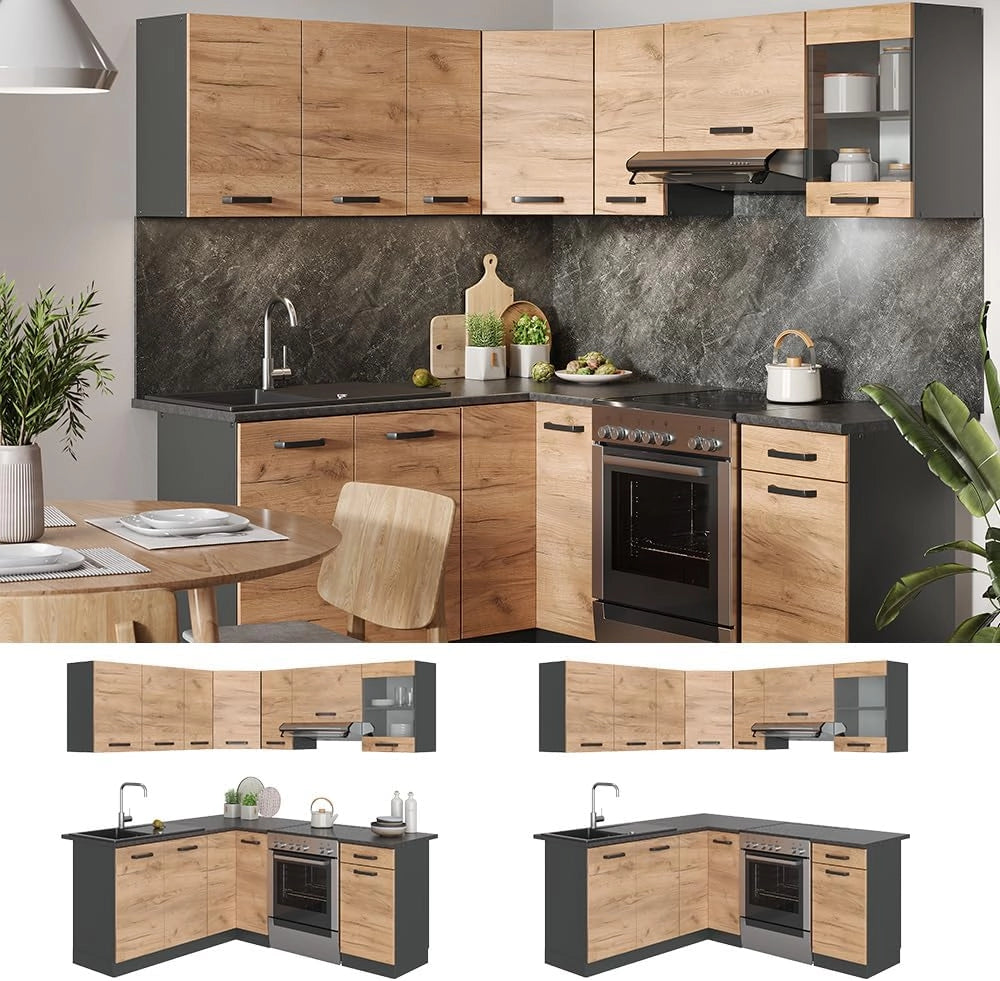 Cucina angolare completa Rick, Quercia dorata/antracite, 187 x 60 cm, PL Fantasia nera con striscia LED