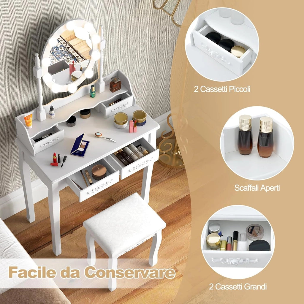 Toeletta da Trucco con 10 Luci LED, Set Tavolo da Trucco con 4 Cassetti e Sgabello, Specchio Girevole 360°, Consolle Toeletta per Soggiorno Camera da Letto, 75 x 40 x 145 cm (Bianco)