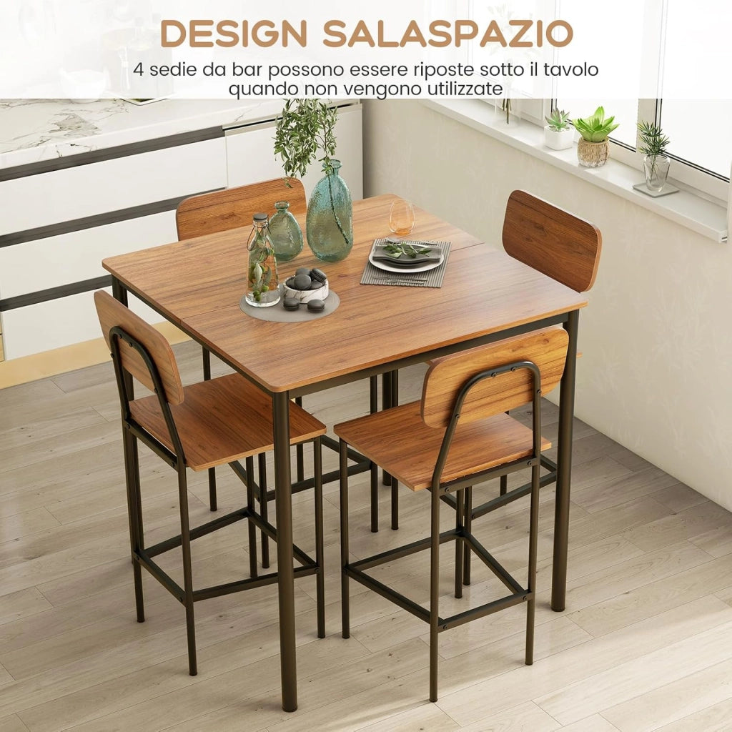 Set 5 Pezzi Tavolo da Pranzo, 1 Tavolo Rettangolare e 4 Sedie con Poggiapiedi, Set di Tavolo da Pranzo Salvaspazio per Casa Ristorante Bar (Noce)