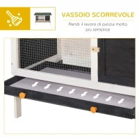 Conigliera da Esterno in Legno d'Abete con Vassoio Estraibile, Tetto Apribile in Bitume e Rete, 90x45x65 cm
