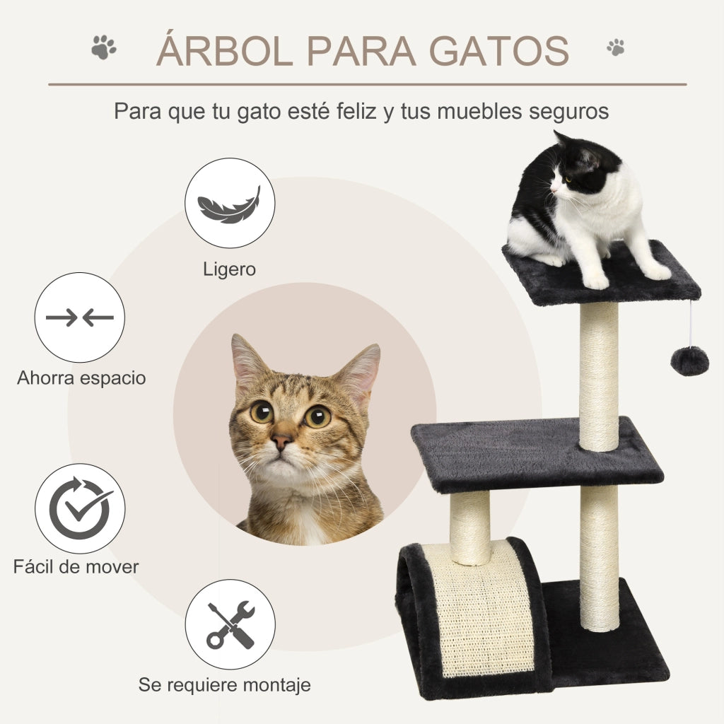 Albero tiragraffi per gatti a 3 livelli con pali in sisal e palla ¨C zephmum ¨C grigio 60x30x100