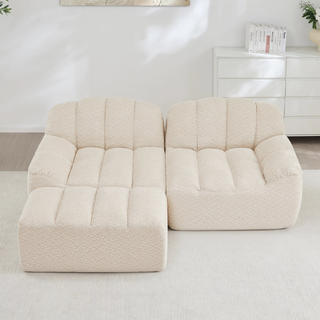 Divano angolare modulare senza struttura con pouf, seduta profonda in fleece beige bianco 210 × 165 × 79 cm