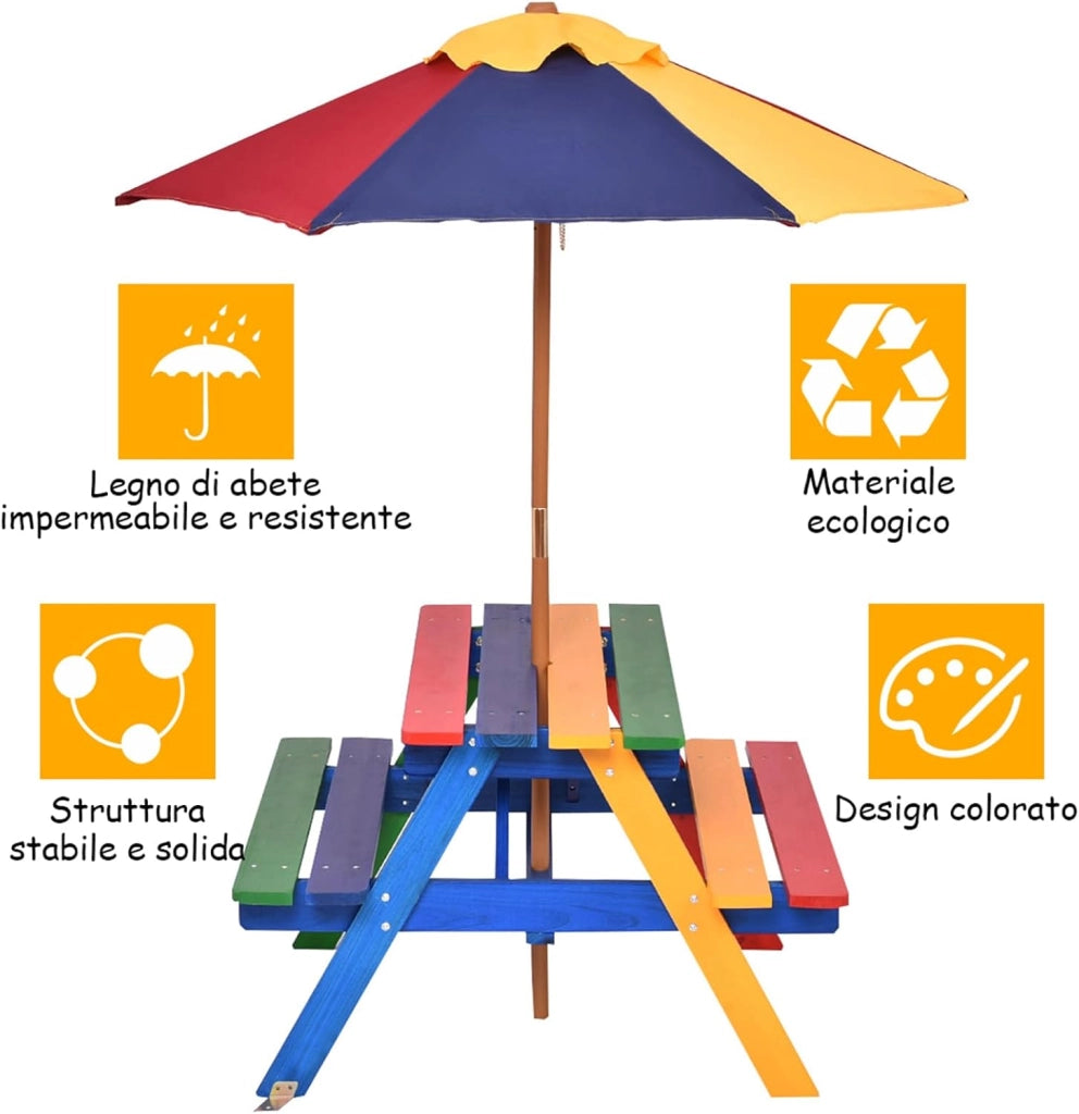 Set con Tavolo Picnic di Legno e Ombrellone per Bambini, Tavolo e Panchina con 4 Posti e Ombrellone Pieghevoli, Tavolo e Sedie Multiuso per Esterno Giardino Cortile (Modello 5)