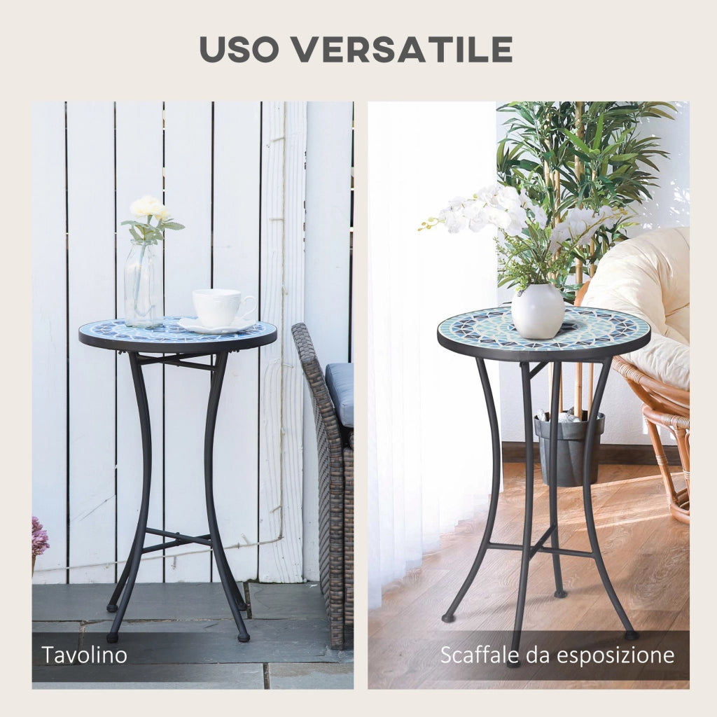 Tavolino da Giardino Rotondo in Metallo con Piano in Ceramica, Design a Mosaico, §¶35.5x53.5cm, Blu