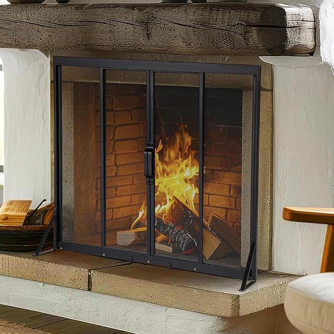 Griglia Parascintille Camino con 2 Pannelli Scorrevoli, Maniglie Convenienti e Telai di Supporto a Triangolo, Ventilazione Eccellente, Schermo per Camino in Rete Metallica (89 x 72 cm)