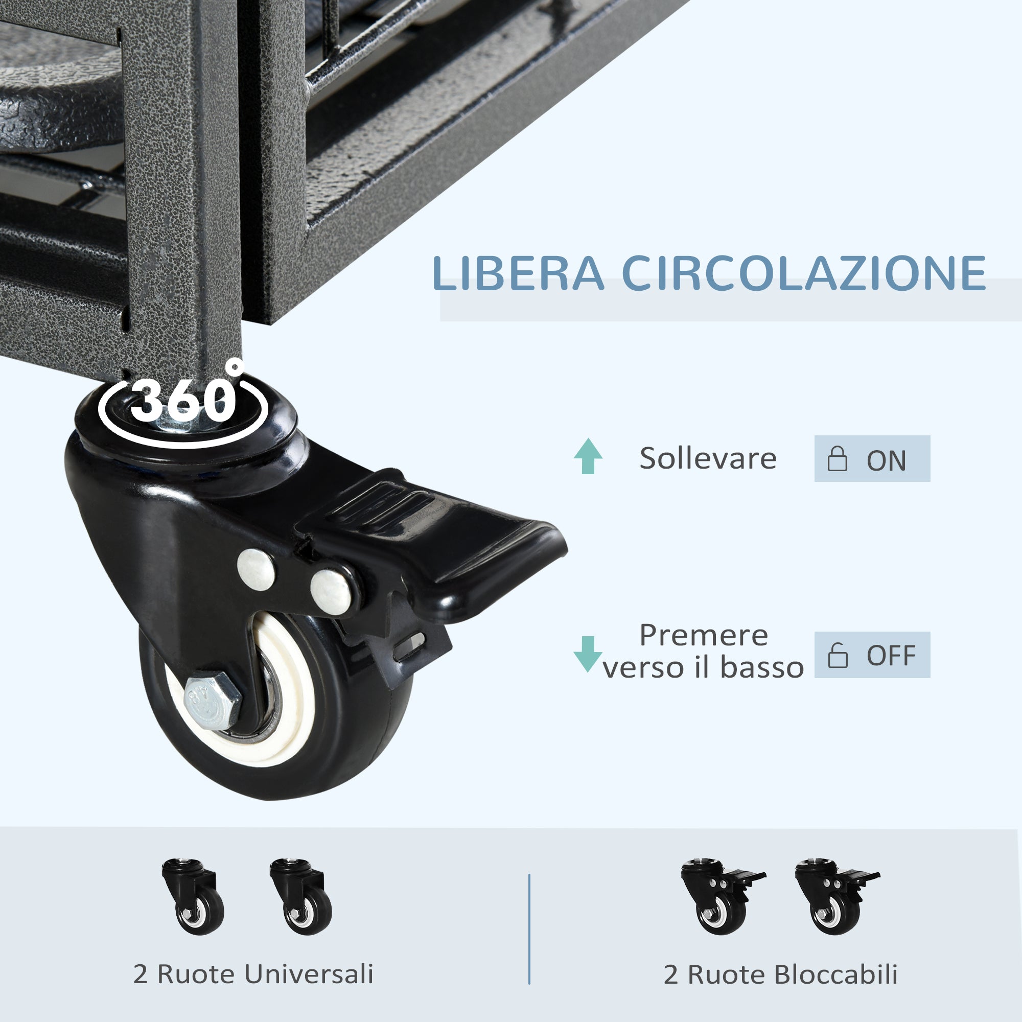 Box Kennel per Cani Pieghevole 94x58x69.5 cm a Doppia Porta con Blocco 4 Ruote e Fondo Rimovibile Grigio