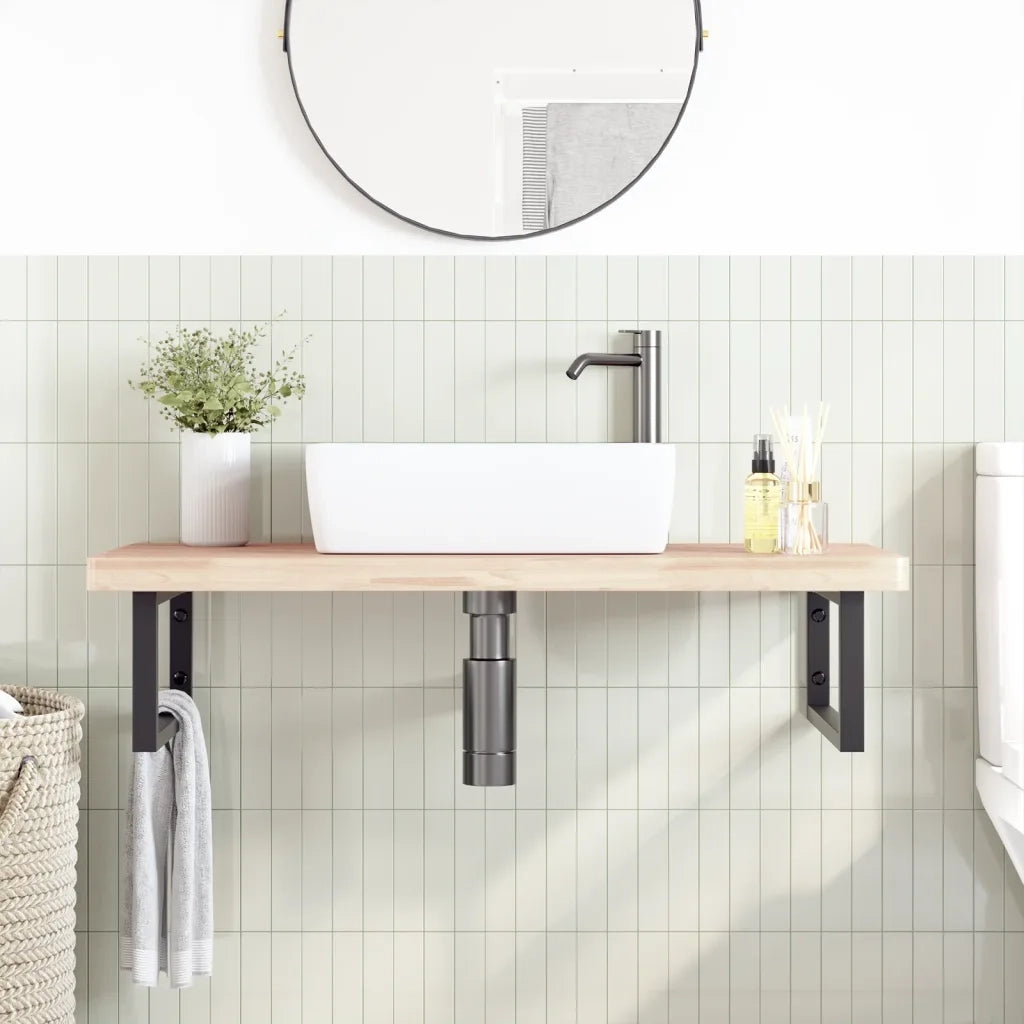 Ripiano a Parete per Lavabo-Mensole a Muro in Acciaio e Massello di Faggio 584464