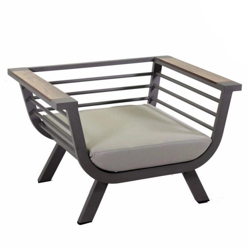 Salotto alluminio Riverside tortora 3 posti con cuscini crema (bracciolo in hpl)