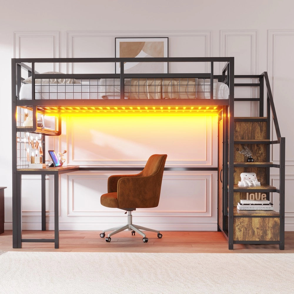 Letto a Soppalco in Metallo con Armadio, Ripiani, Tavolo e Striscia LED ¨C Xylo ¨C Nero 140x200