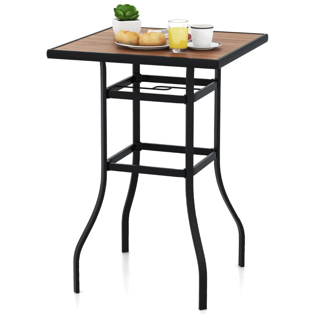 Tavolo da bar da giardino 70cm con piano in finta legno foro per ombrellone da 39mm, Tavolo quadrato da bistro-Tavoli da esterno