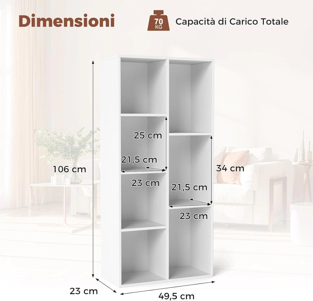 Libreria a 7 Cubi, Scaffale Espositivo con 2 Kit Antiribaltamento, Verticale o Orizzontale, Mobile per Camera da Letto Soggiorno Salotto, 49,5 x 23 x 106 cm (Bianco)