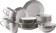 Set da tavola 12 posti con bordo dorato per 6 persone, 24 pezzi con forme a coppa senza bordo, ceramica grigia.