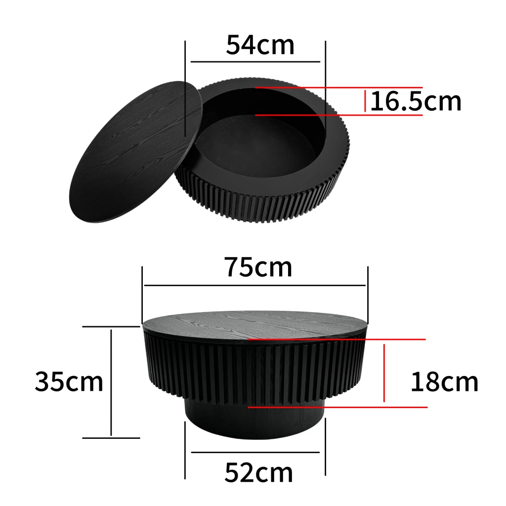 Tavolino da Caff¨¨ Rotondo con Ripiano ¨C MINIMAL ¨C Legno Massello, Nero, ?75 cm