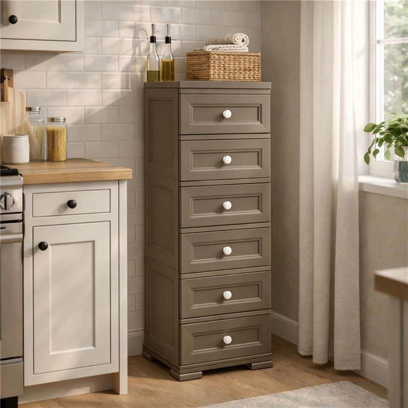 CASSETTIERA ALTA 6 CASSETTI PICCOLI WENGÉ 40X43X125 CM – MOBILE VERTICALE SALVASPAZIO PER ORGANIZZAZIONE CASA E INGRESSO