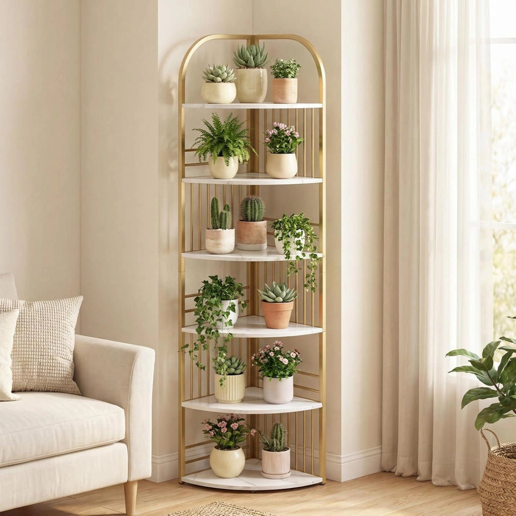 Scaffale Angolare a 6 Ripiani, Libreria Alta 181,5 cm Autoportante con Struttura in Metallo Robusto, Espositore Verticale per Soggiorno, Camera da Letto, Ufficio (Bianco)