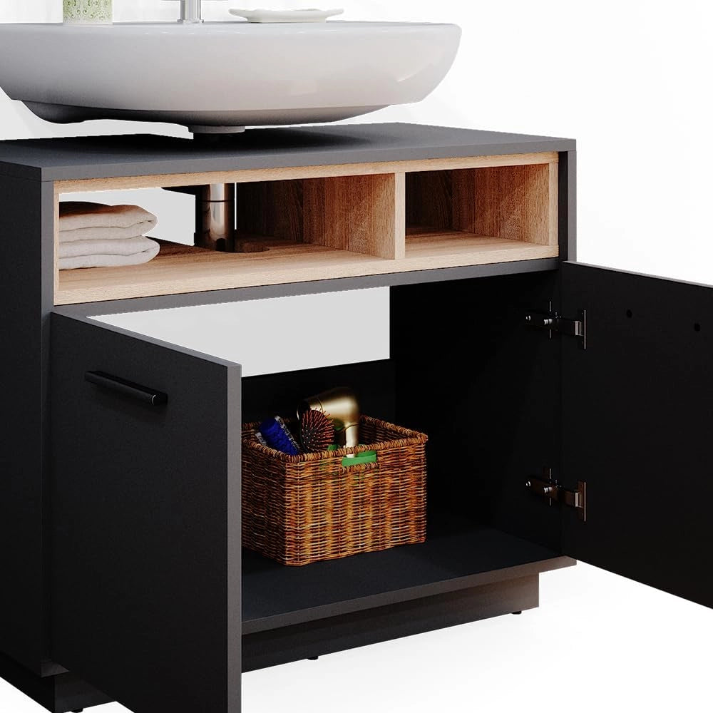 Mobile sottolavabo per bagno Beatrice, Antracite, 80 x 64 cm, con ritaglio per sifone e ripiani aperti
