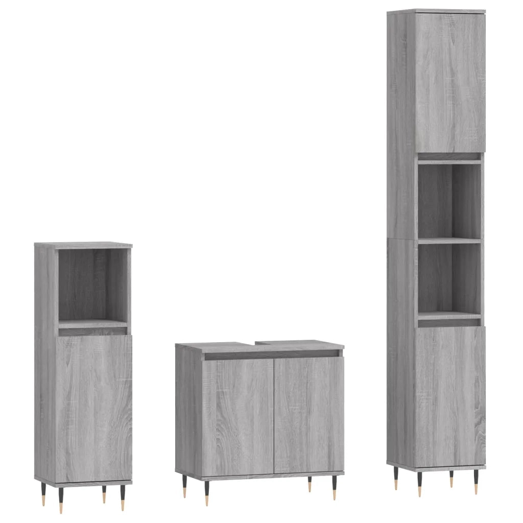 Set Mobili da Bagno | Armadio da bagno 3 pz Grigio Sonoma in Legno Multistrato