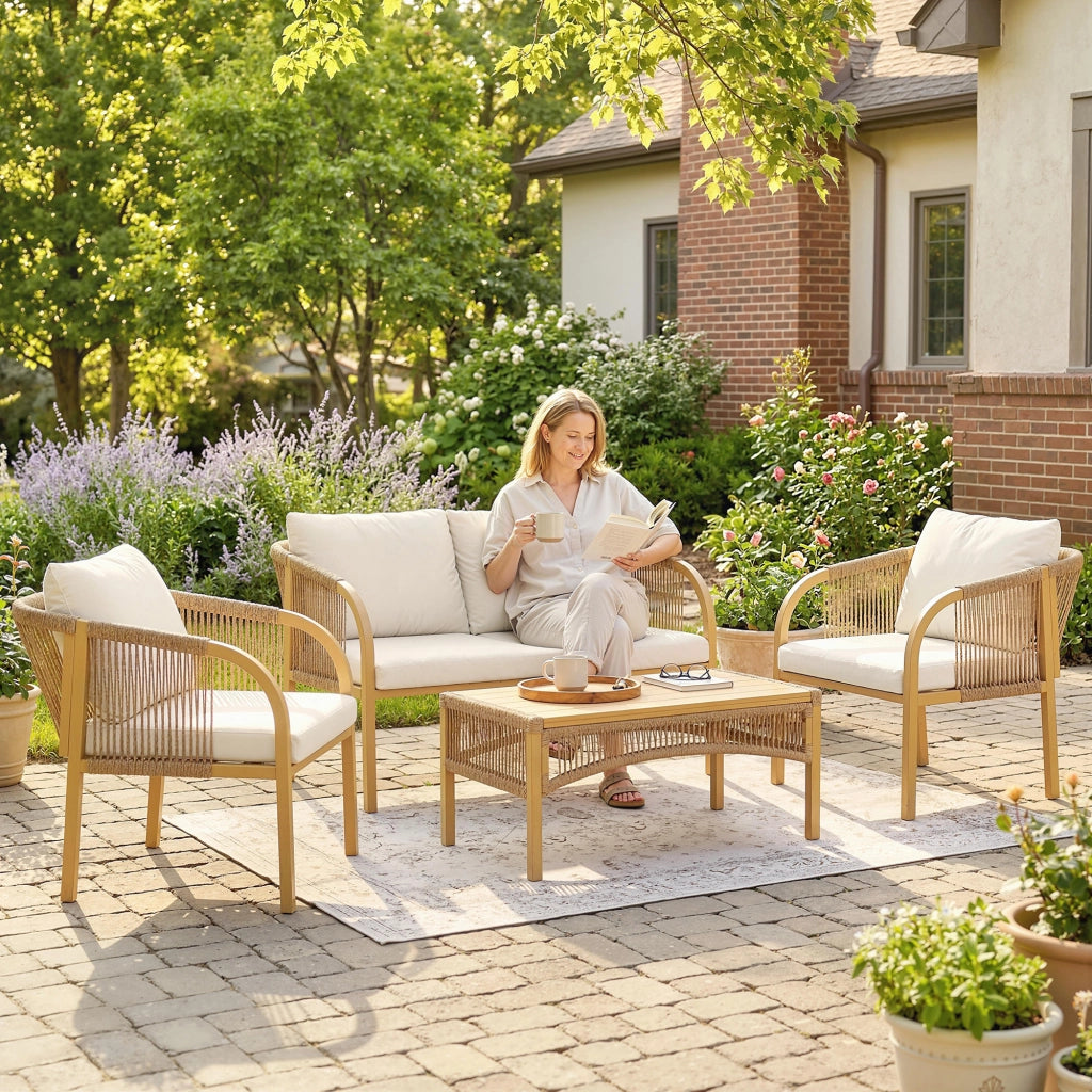 Set Salotto Giardino 4 Pezzi ¨C Xylo ¨C Divano Poltrone Tavolo Cuscini Acciaio Rattan 120x72x73cm Kaki